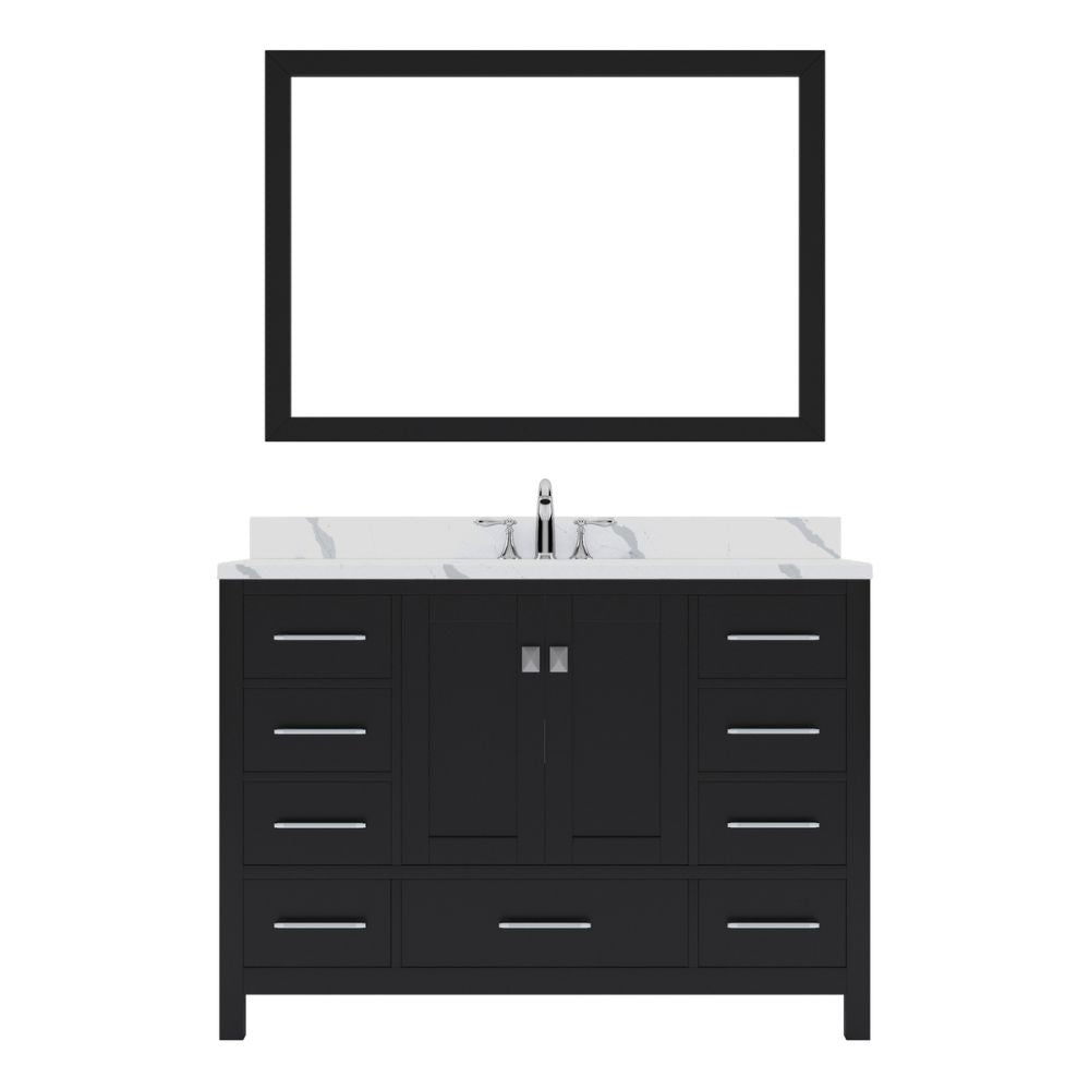 Details of the Virtu USA Caroline Avenue 48" Single Bath Vanity in Espresso with Calacatta Quartz Top and Round Sink with Polished Chrome Faucet with Matching Mirror | GS-50048-CCRO-ES-002