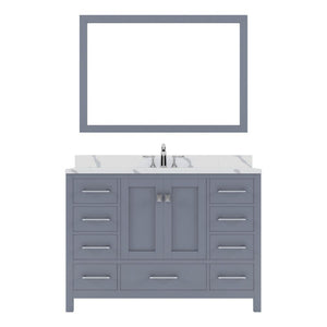 Details of the Virtu USA Caroline Avenue 48" Single Bath Vanity in Gray with Calacatta Quartz Top and Round Sink with Brushed Nickel Faucet with Matching Mirror | GS-50048-CCRO-GR-001