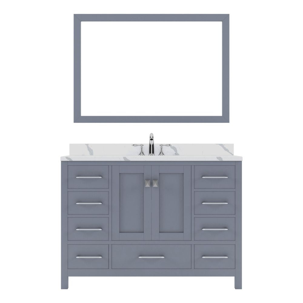 Details of the Virtu USA Caroline Avenue 48" Single Bath Vanity in Gray with Calacatta Quartz Top and Round Sink with Polished Chrome Faucet with Matching Mirror | GS-50048-CCRO-GR-002