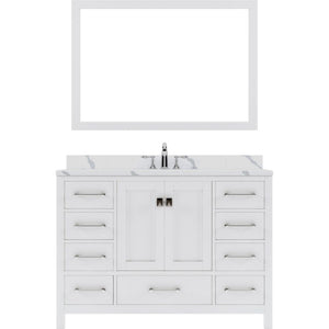 Details of the Virtu USA Caroline Avenue 48" Single Bath Vanity in White with Calacatta Quartz Top and Round Sink with Polished Chrome Faucet with Matching Mirror | GS-50048-CCRO-WH-002