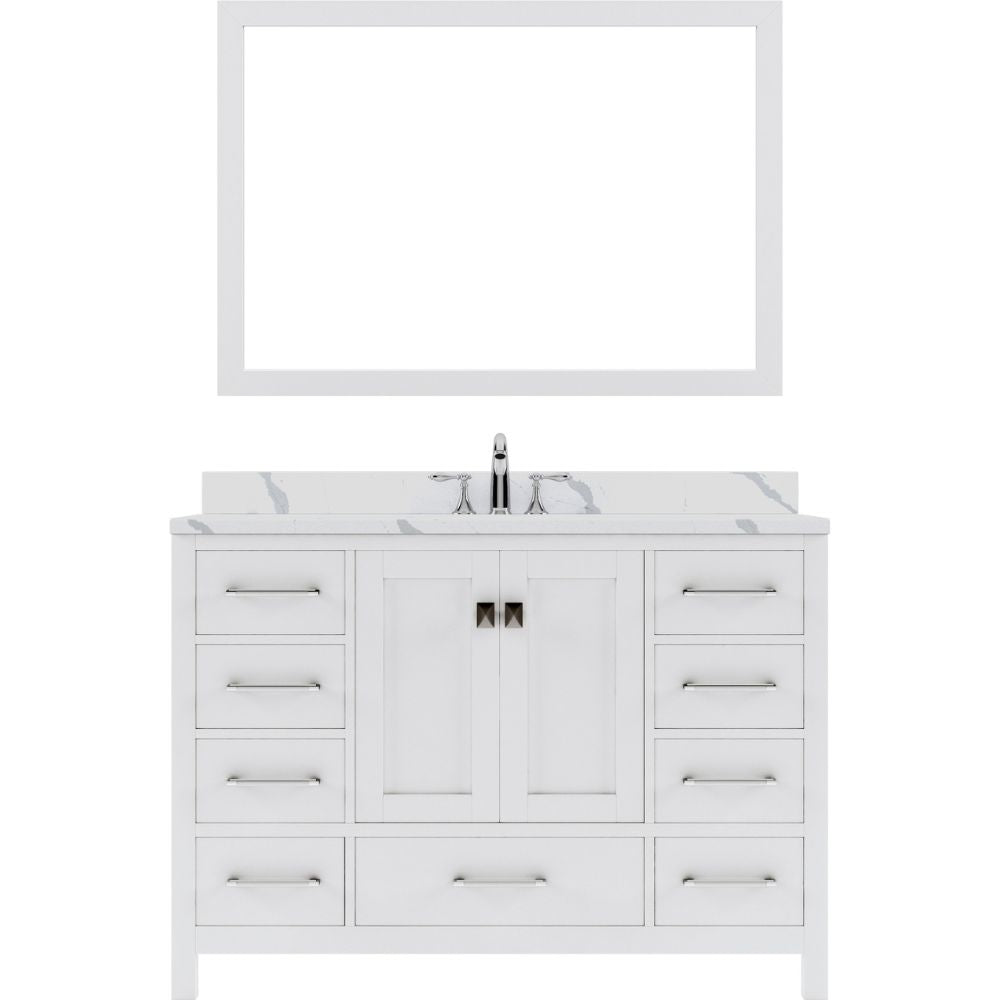 Details of the Virtu USA Caroline Avenue 48" Single Bath Vanity in White with Calacatta Quartz Top and Round Sink with Matching Mirror | GS-50048-CCRO-WH