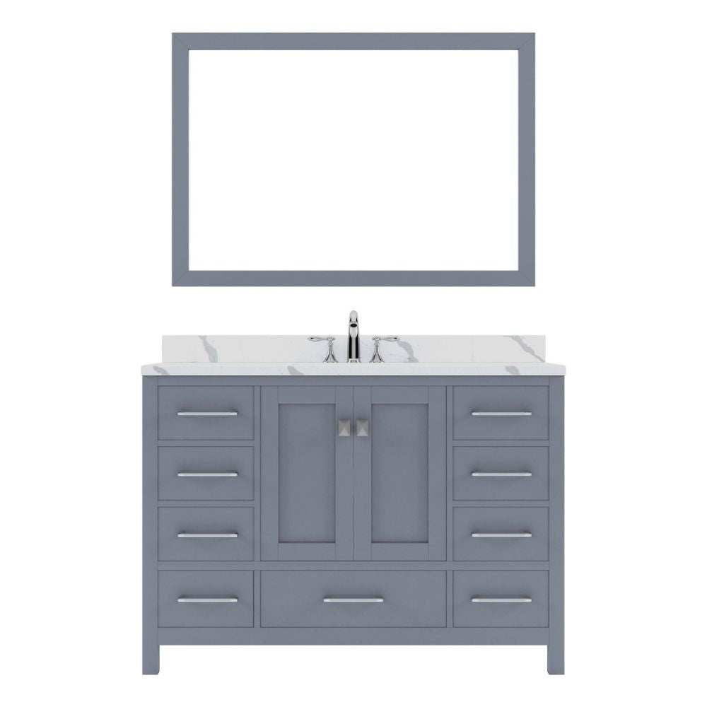 Details of the Virtu USA Caroline Avenue 48" Single Bath Vanity in Gray with Calacatta Quartz Top and Square Sink with Brushed Nickel Faucet with Matching Mirror | GS-50048-CCSQ-GR-001