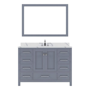 Details of the Virtu USA Caroline Avenue 48" Single Bath Vanity in Gray with Calacatta Quartz Top and Square Sink with Polished Chrome Faucet with Matching Mirror | GS-50048-CCSQ-GR-002