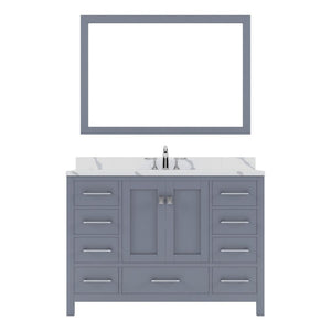 Details of the Virtu USA Caroline Avenue 48" Single Bath Vanity in Gray with Calacatta Quartz Top and Square Sink with Polished Chrome Faucet with Matching Mirror | GS-50048-CCSQ-GR-002