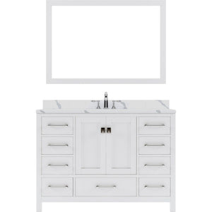 Details of the Virtu USA Caroline Avenue 48" Single Bath Vanity in White with Calacatta Quartz Top and Square Sink with Polished Chrome Faucet with Matching Mirror | GS-50048-CCSQ-WH-002