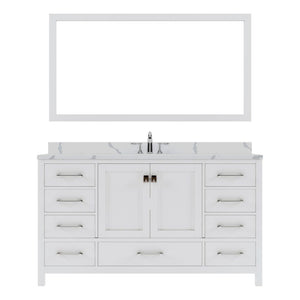 Details of the Virtu USA Caroline Avenue 60" Single Bath Vanity in White with Calacatta Quartz Top and Round Sink with Polished Chrome Faucet with Matching Mirror | GS-50060-CCRO-WH-002Details of the Virtu USA Caroline Avenue 60" Single Bath Vanity in White with Calacatta Quartz Top and Round Sink with Polished Chrome Faucet with Matching Mirror | GS-50060-CCRO-WH-002