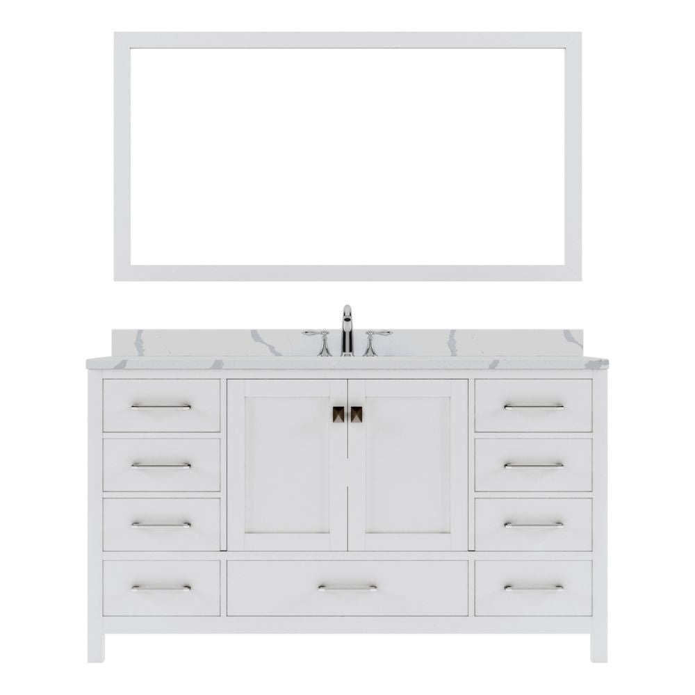 Details of the Virtu USA Caroline Avenue 60" Single Bath Vanity in White with Calacatta Quartz Top and Square Sink with Polished Chrome Faucet with Matching Mirror | GS-50060-CCSQ-WH-002