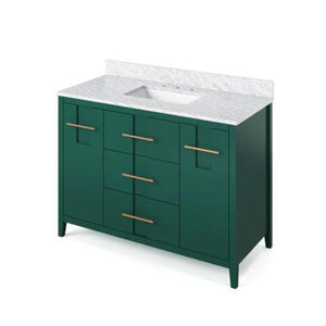 Details of the 48" Forest Green Katara Vanity, White Carrara Marble Vanity Top, undermount rectangle bowl<span data-mce-fragment="1">&nbsp;by Jeffrey Alexander</span><span data-mce-fragment="1"> | VKITKAT48GNWCR</span>
