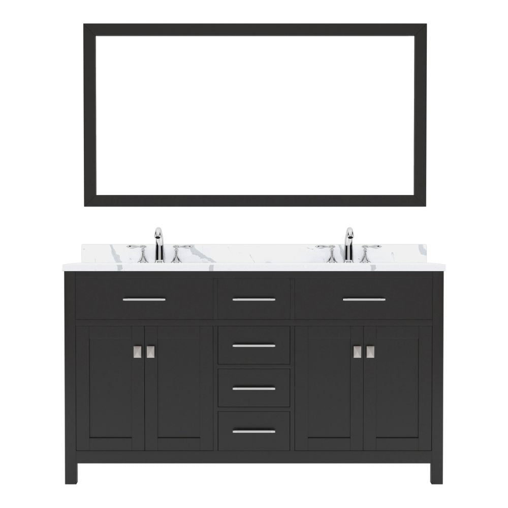 Details of the Virtu USA Caroline 60" Double Bath Vanity in Espresso with Calacatta Quartz Top and Round Sinks with Brushed Nickel Faucets with Matching Mirror | MD-2060-CCRO-ES-001