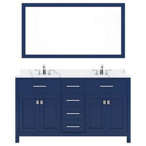 Details of the Virtu USA Caroline 60" Double Bath Vanity in French Blue with Calacatta Quartz Top and Round Sinks with Polished Chrome Faucets with Matching Mirror | MD-2060-CCRO-FB-002