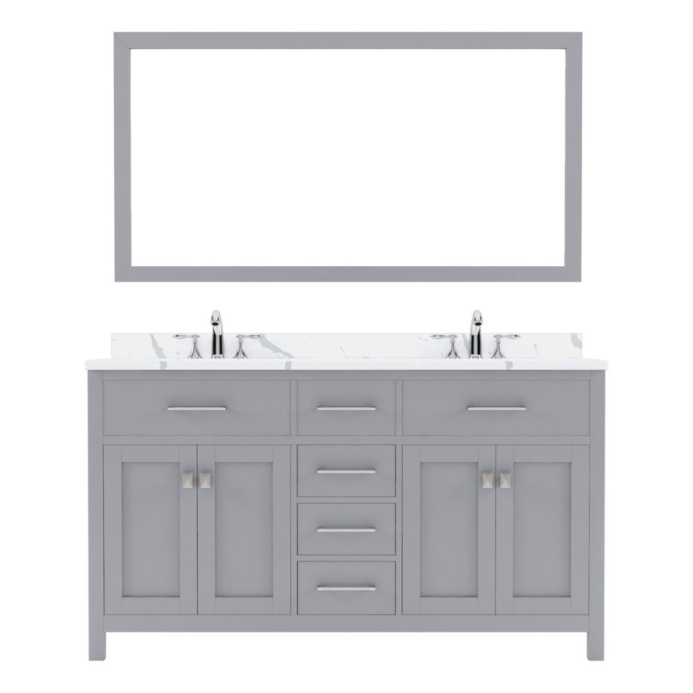 Details of the Virtu USA Caroline 60" Double Bath Vanity in Gray with Calacatta Quartz Top and Round Sinks with Polished Chrome Faucets with Matching Mirror | MD-2060-CCRO-GR-002