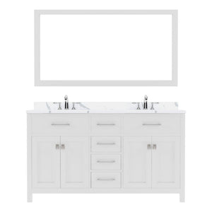 Details of the Virtu USA Caroline 60" Double Bath Vanity in White with Calacatta Quartz Top and Round Sinks with Brushed Nickel Faucets with Matching Mirror | MD-2060-CCRO-WH-001