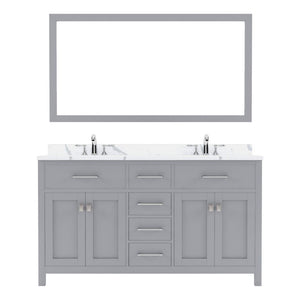 Details of the Virtu USA Caroline 60" Double Bath Vanity in Gray with Calacatta Quartz Top and Square Sinks with Brushed Nickel Faucets with Matching Mirror | MD-2060-CCSQ-GR-001