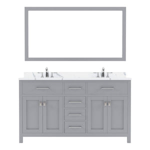 Details of the Virtu USA Caroline 60" Double Bath Vanity in Gray with Calacatta Quartz Top and Square Sinks with Brushed Nickel Faucets with Matching Mirror | MD-2060-CCSQ-GR-001