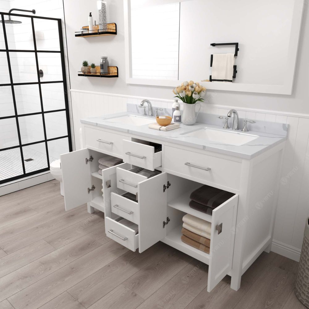 Caroline White 60" Double Square Sink Vanity with Calacatta Quartz Top and Matching Mirror | MD-2060-CCSQ-WH