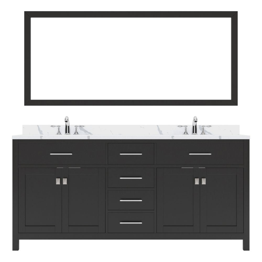 Details of the Virtu USA Caroline 72" Double Bath Vanity in Espresso with Calacatta Quartz Top and Round Sinks with Brushed Nickel Faucets with Matching Mirror | MD-2072-CCRO-ES-001