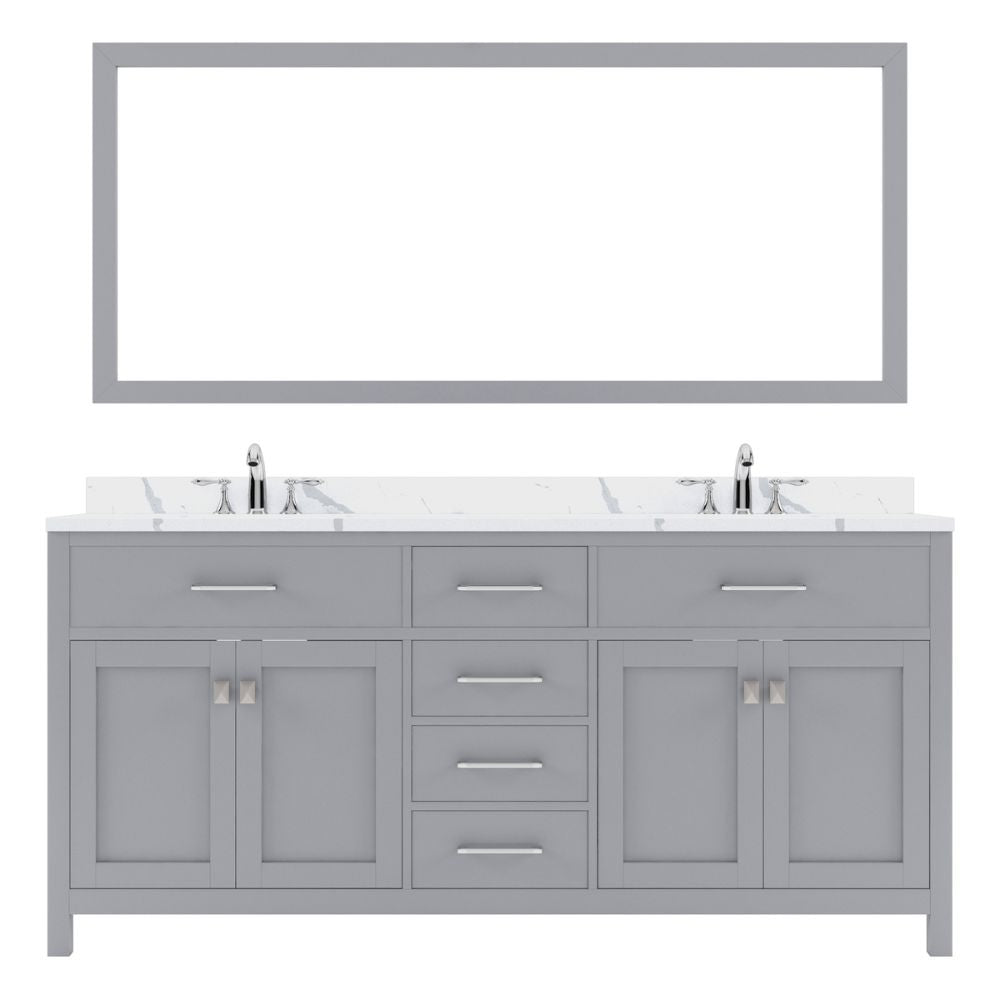Details of the Virtu USA Caroline 72" Double Bath Vanity in Gray with Calacatta Quartz Top and Round Sinks with Polished Chrome Faucets with Matching Mirror | MD-2072-CCRO-GR-002