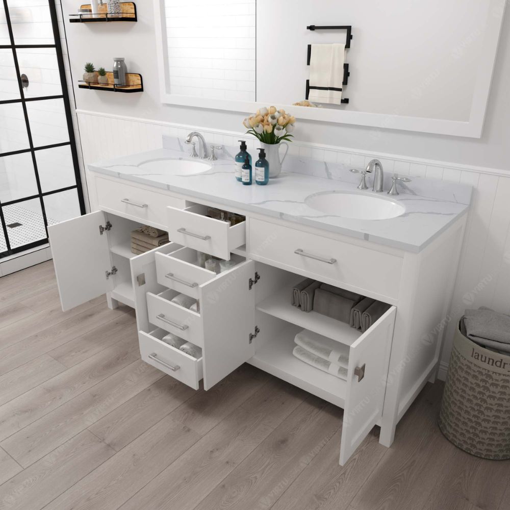 Soft-closing door hinges and drawer glides provide added luxury, safety, and longevity. Each Caroline vanity is handcrafted with a 2" solid wood birch frame built to last a lifetime.