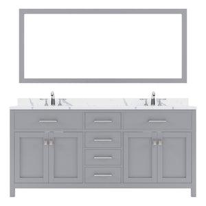Details of the Virtu USA Caroline 72" Double Bath Vanity in Gray with Calacatta Quartz Top and Square Sinks with Brushed Nickel Faucets with Matching Mirror | MD-2072-CCSQ-GR-001