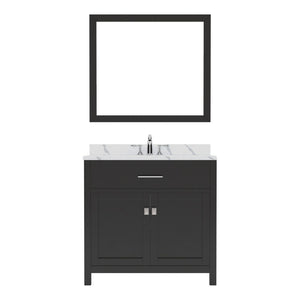 Details of the Caroline 36" Single Bath Vanity in Espresso with Calacatta Quartz Top and Round Sink with Brushed Nickel Faucet with Matching Mirror | MS-2036-CCRO-ES-001