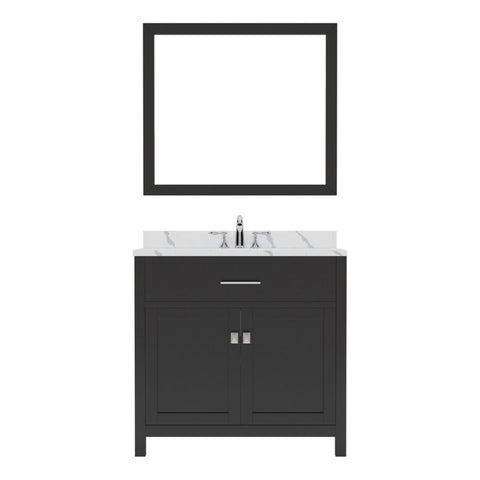 Image of Details of the Caroline 36" Single Bath Vanity in Espresso with Calacatta Quartz Top and Round Sink with Brushed Nickel Faucet with Matching Mirror | MS-2036-CCRO-ES-001