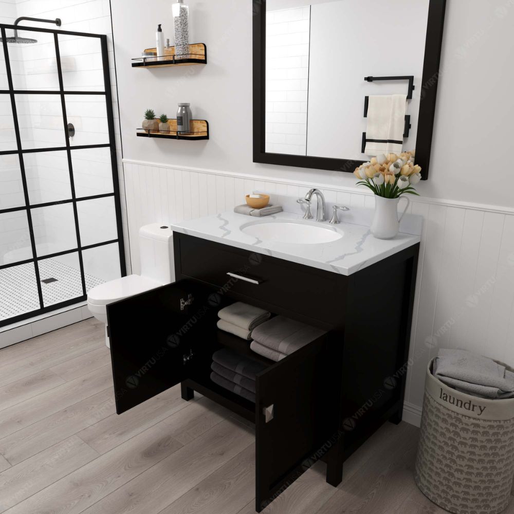 Soft-closing door hinges and drawer glides provide added luxury, safety, and longevity. Each Caroline vanity is handcrafted with a 2" solid wood birch frame built to last a lifetime.