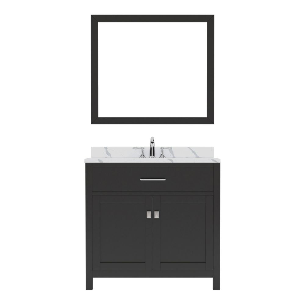 Details of the Virtu USA Caroline 36" Double Bath Vanity in Espresso with Calacatta Quartz Top and Round Sink with Matching Mirror | MS-2036-CCRO-ES
