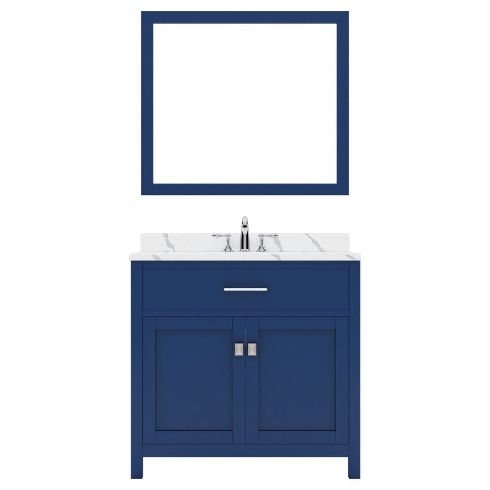 Details of the Caroline 36" Single Bath Vanity in French Blue with Calacatta Quartz Top and Round Sink with Brushed Nickel Faucet with Matching Mirror | MS-2036-CCRO-FB-001