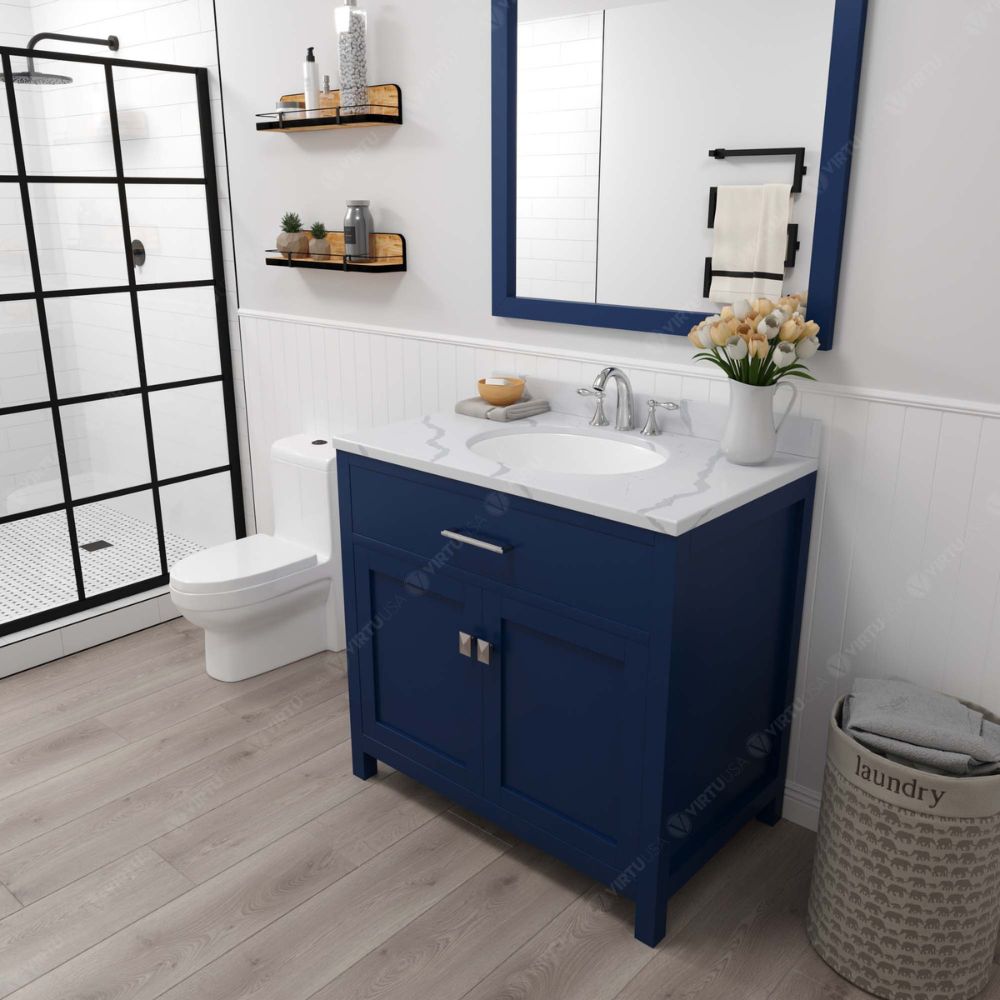 Caroline French Blue 36" Single Round Sink Vanity with Calacatta Quartz Top and Matching Mirror | MS-2036-CCRO-FB