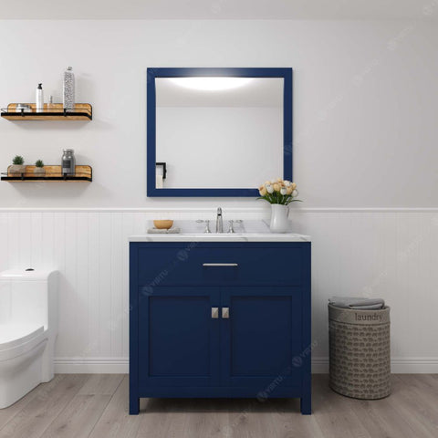 Image of Caroline French Blue 36" Single Round Sink Vanity with Calacatta Quartz Top and Matching Mirror | MS-2036-CCRO-FB