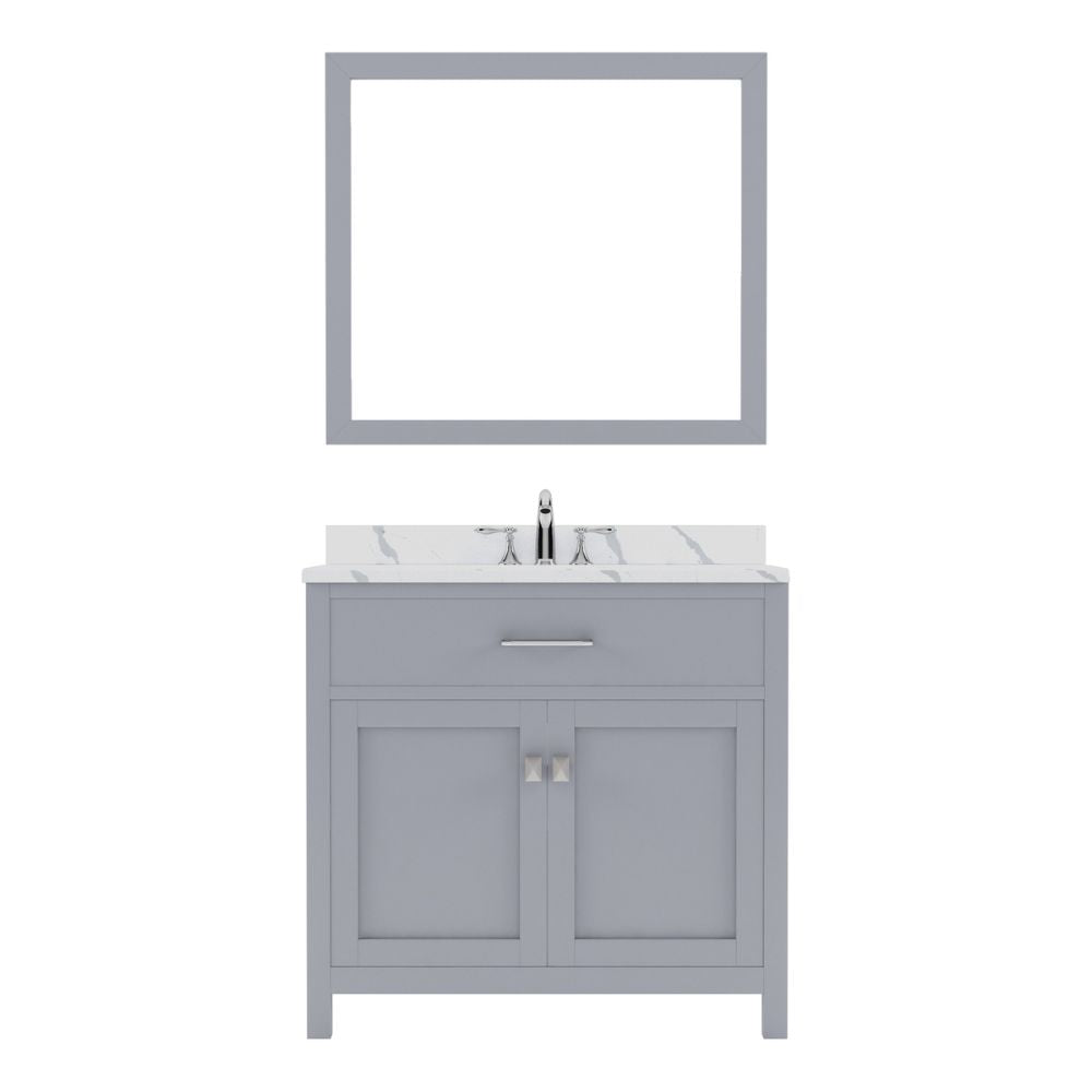 Details of the Caroline 36" Single Bath Vanity in Gray with Calacatta Quartz Top and Round Sink with Brushed Nickel Faucet with Matching Mirror | MS-2036-CCRO-GR-001