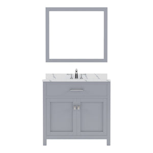 Details of the Caroline 36" Single Bath Vanity in Gray with Calacatta Quartz Top and Round Sink with Brushed Nickel Faucet with Matching Mirror | MS-2036-CCRO-GR-001