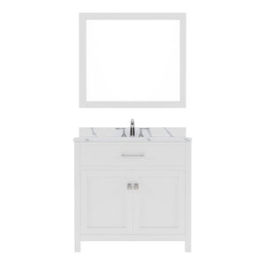 Details of the Caroline 36" Single Bath Vanity in White with Calacatta Quartz Top and Round Sink with Brushed Nickel Faucet with Matching Mirror | MS-2036-CCRO-WH-001