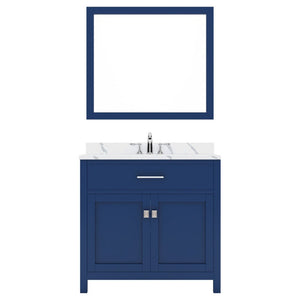 Details of the Caroline 36" Single Bath Vanity in French Blue with Calacatta Quartz Top and Square Sink with Brushed Nickel Faucet with Matching Mirror | MS-2036-CCSQ-FB-001