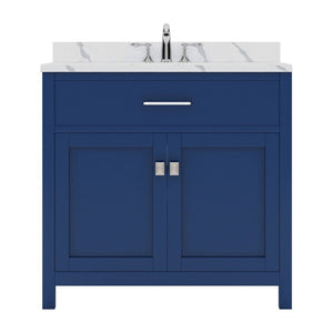 Details of the Caroline 36" Single Bath Vanity in French Blue with Calacatta Quartz Top and Square Sink | MS-2036-CCSQ-FB-NM