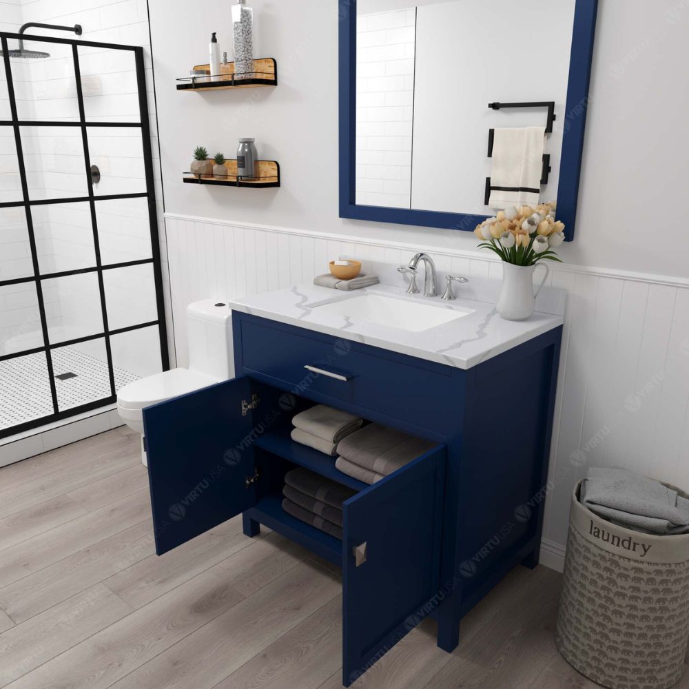 Soft-closing door hinges and drawer glides provide added luxury, safety, and longevity. Each Caroline vanity is handcrafted with a 2" solid wood birch frame built to last a lifetime.