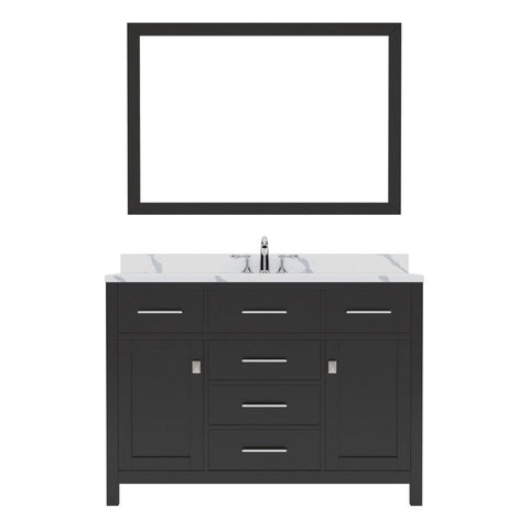 Image of Details of the Caroline 48" Single Bath Vanity in Espresso with Calacatta Quartz Top and Round Sink with Brushed Nickel Faucet with Matching Mirror | MS-2048-CCRO-ES-001