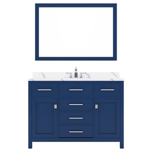 Details of the Caroline 48" Single Bath Vanity in French Blue with Calacatta Quartz Top and Round Sink with Brushed Nickel Faucet with Matching Mirror | MS-2048-CCRO-FB-001