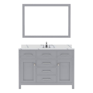 Details of the Caroline 48" Single Bath Vanity in Gray with Calacatta Quartz Top and Round Sink with Brushed Nickel Faucet with Matching Mirror | MS-2048-CCRO-GR-001