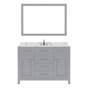 Details of the Caroline 48" Single Bath Vanity in Gray with Calacatta Quartz Top and Round Sink with Polished Chrome Faucet with Matching Mirror | MS-2048-CCRO-GR-002