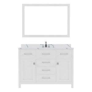 Details of the Caroline 48" Single Bath Vanity in White with Calacatta Quartz Top and Round Sink with Brushed Nickel Faucet with Matching Mirror | MS-2048-CCRO-WH-001