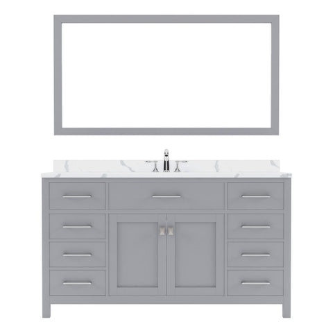 Image of Details of the Caroline 60" Single Bath Vanity in Gray with Calacatta Quartz Top and Round Sink with Polished Chrome Faucet with Matching Mirror | MS-2060-CCRO-GR-002