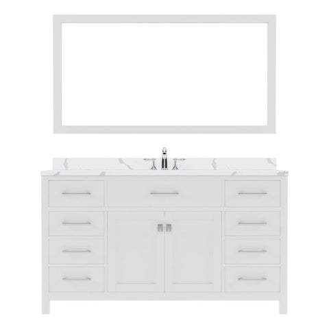 Image of Details of the Caroline 60" Single Bath Vanity in White with Calacatta Quartz Top and Round Sink with Brushed Nickel Faucet with Matching Mirror | MS-2060-CCRO-WH-001