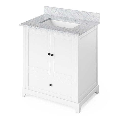 Image of Details of the 30" White Addington Vanity, White Carrara Marble Vanity Top, undermount rectangle bowl by Jeffrey Alexander | VKITADD30WHWCR