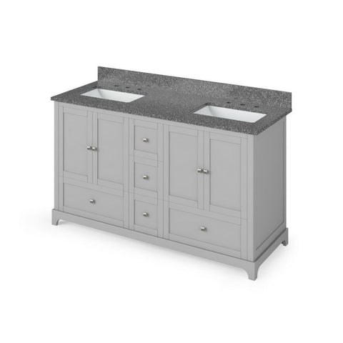 Details of the Jeffrey Alexander 60" Grey Addington Vanity, double bowl, Boulder Cultured Marble Vanity Top, two undermount rectangle bowls | VKITADD60GRBOR