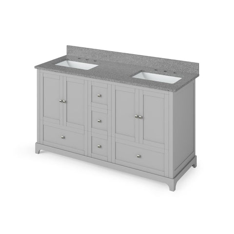Image of Details of the Jeffrey Alexander 60" Grey Addington Vanity, double bowl, Steel Grey Cultured Marble Vanity Top, two undermount rectangle bowls | VKITADD60GRSGR
