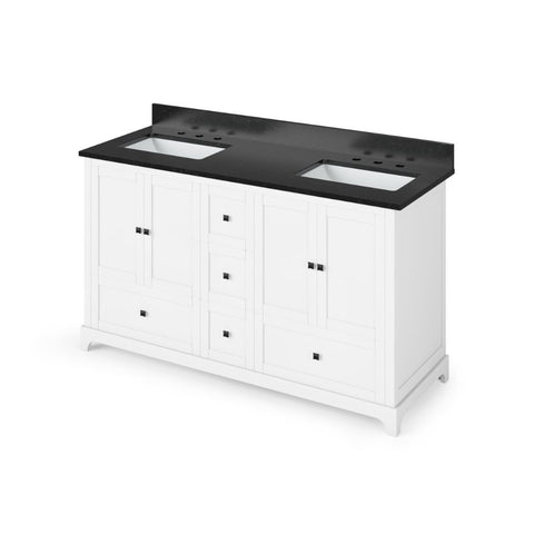 Image of Details of the Jeffrey Alexander 60" White Addington Vanity, double bowl, Black Granite Vanity Top, two undermount rectangle bowls | VKITADD60WHBGR