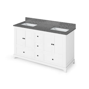 Details of the Jeffrey Alexander 60" White Addington Vanity, double bowl, Boulder Cultured Marble Vanity Top, two undermount rectangle bowls | VKITADD60WHBOR