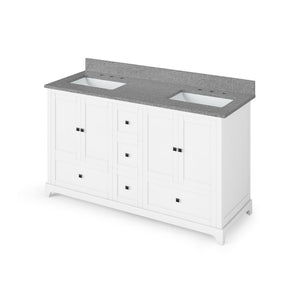 Details of the Jeffrey Alexander 60" White Addington Vanity, double bowl, Steel Grey Cultured Marble Vanity Top, two undermount rectangle bowls | VKITADD60WHSGR