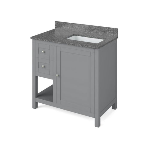 Details of the 36" Grey Astoria Vanity, right offset, Boulder Cultured Marble Vanity Top, undermount rectangle bowl by Jeffrey Alexander | VKITAST36GRBOR
